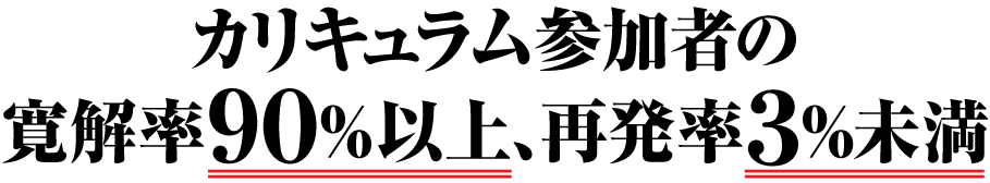 カリキュラム参加者の寛解率９０％以上、再発率３％未満